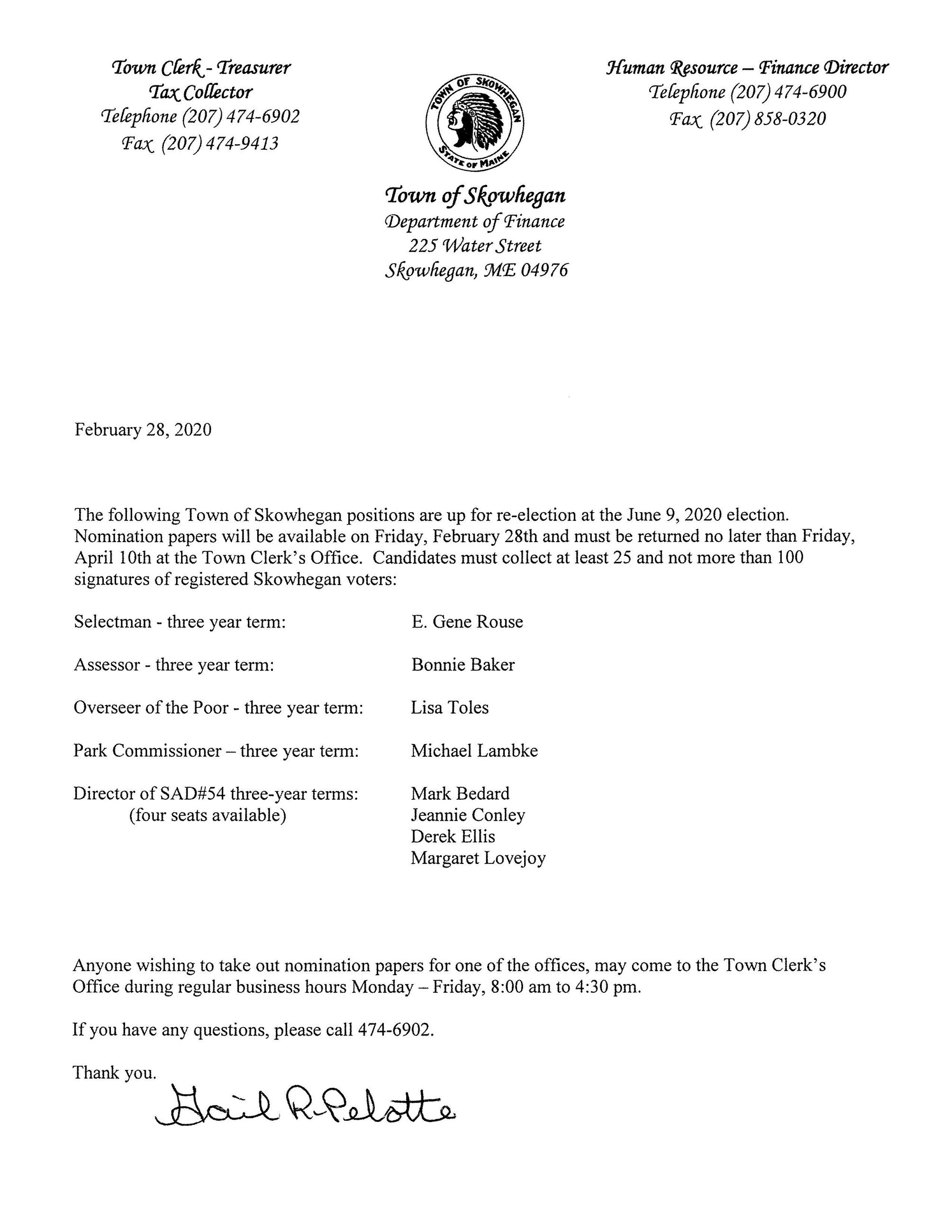 Town of Skowhegan Nomination Paper